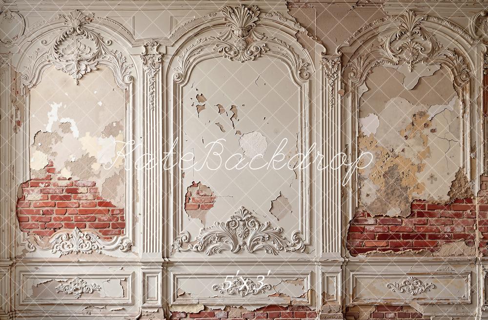 Kate Vintage Wall Ornate Plaster Exposed Brick Printed Backdrop Designed by Emetselch