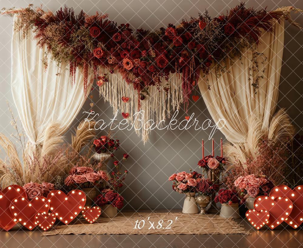 Kate Valentines Floral Arch Roses Hearts Curtains Pampas Backdrop Designed by Emetselch