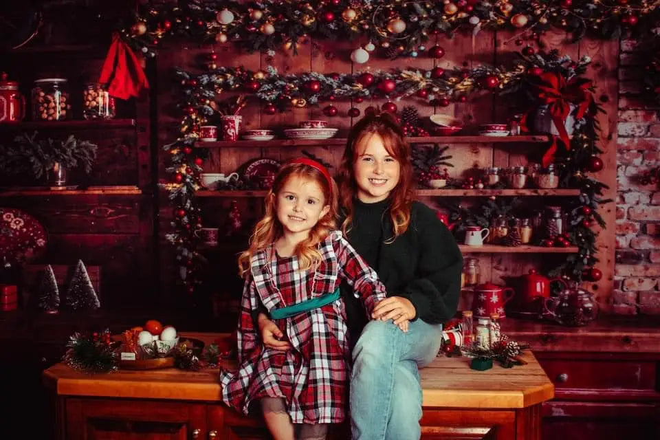 Kate Christmas Kitchen Shelf Red Cabinet Rustic Brick Wall Backdrop Designed by Emetselch