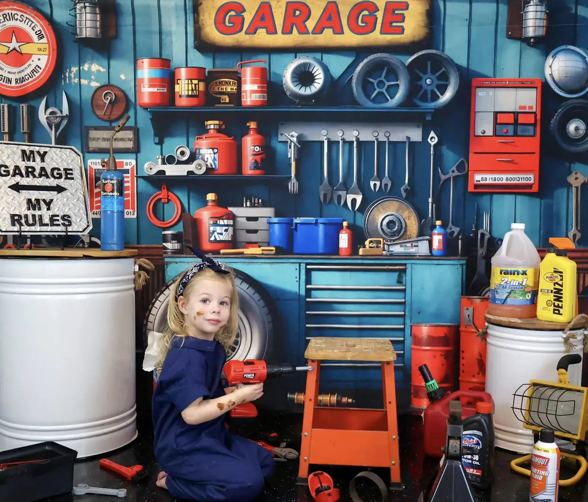 Kate Modern Tool Holder and Tires Red Tanker Garage Printed Backdrop Designed by Emetselch