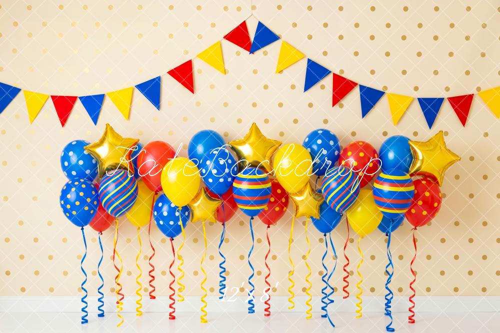 Kate Birthday Colorful Balloons Gold Stars Polka Dot Wall Pennant Garland Printed Backdrop Designed by Patty Roberts