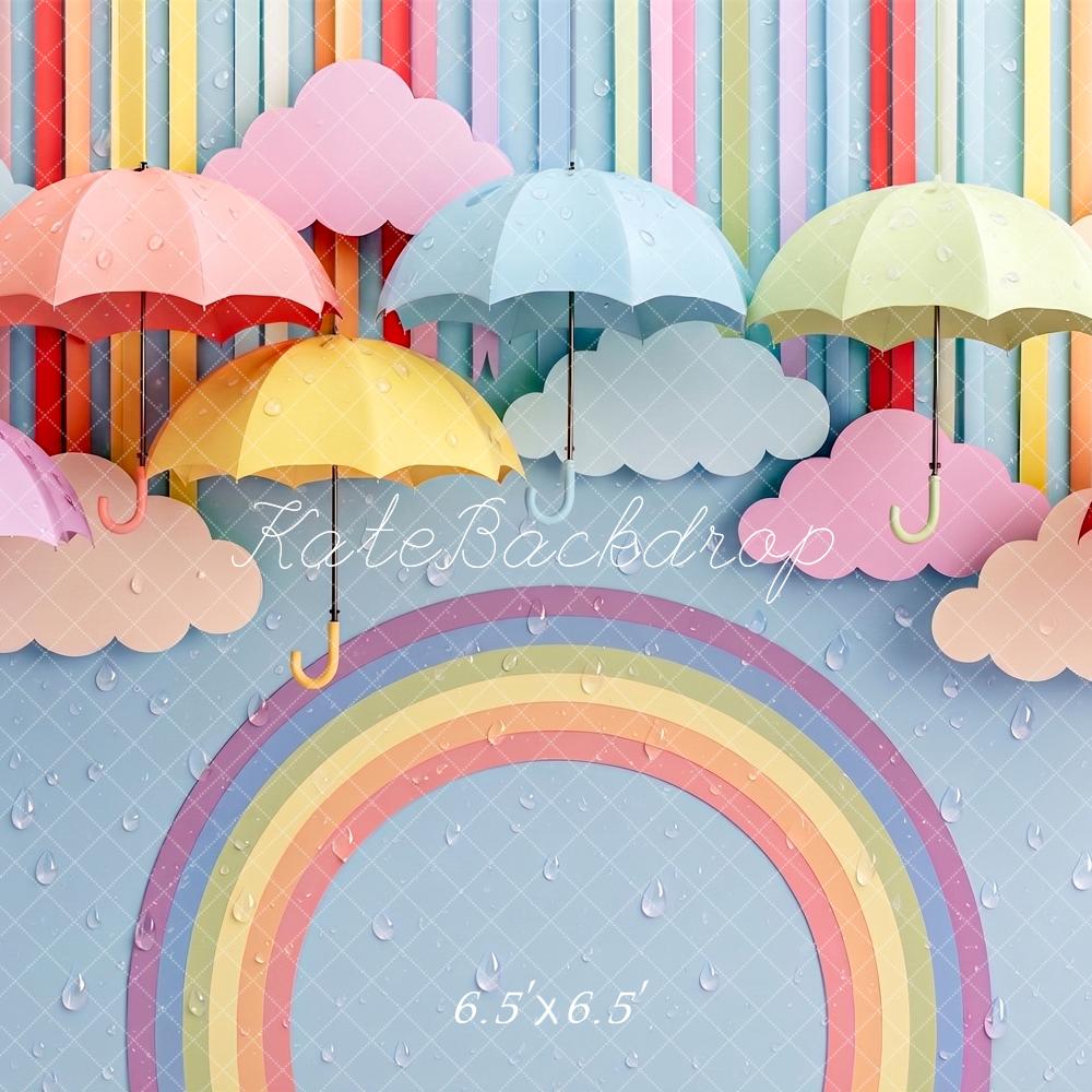 Kate Rainbow Umbrellas Clouds Raindrops Light Blue Printed Backdrop Designed by Angela Miller