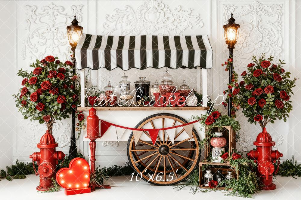 Kate Valentine's Day Candy Cart Red Roses Fire Hydrants Printed Backdrop Designed by Emetselch