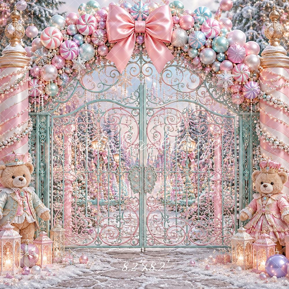 Kate Christmas Pink Candy Cane Gate Teddy Bears Kids Printed Backdrop Designed by Ashley Paul