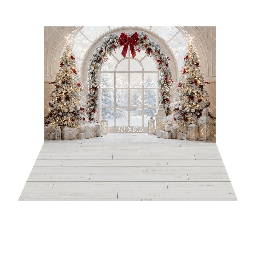 Kate Christmas Trees Arched Window Red Bow Garland Snowy Printed Backdrop+White Wood Plank Floor Printed Backdrop