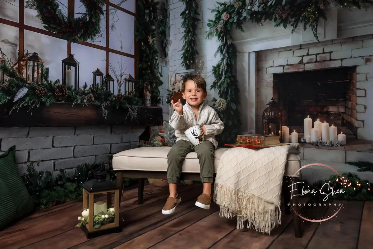 Kate Christmas Fireplace Framed Window White Brick Wall Room Set