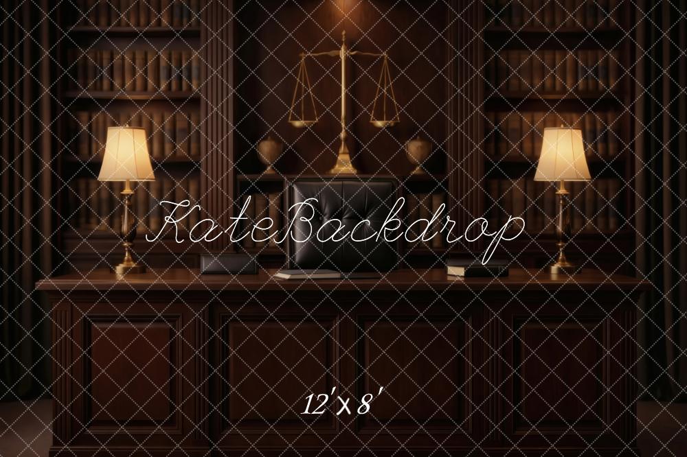 Kate Bookshelves Desk Scales of Justice Lamps Printed Backdrop Designed by Vertigo Productions