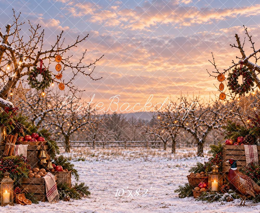 Kate Christmas Snowy Apples Orchard Wreaths Printed Backdrop Designed by Vertigo Productions