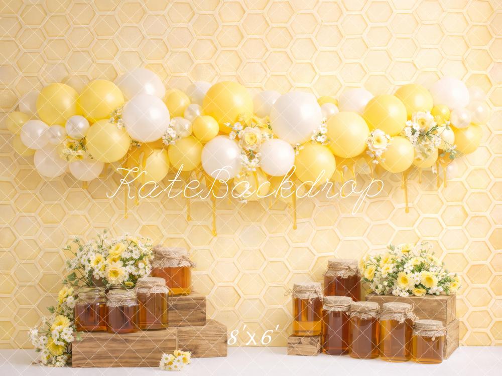 Kate Cake Smash Yellow Honeycomb Balloons Honey Jars Flowers Backdrop Designed by Megan Leigh Photography