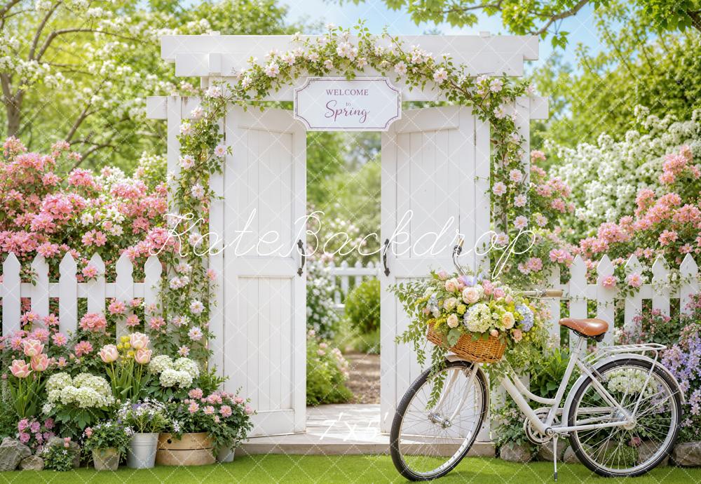Kate Spring Garden Gate Flower Arch Bicycle Fence Printed Backdrop Designed by Emetselch