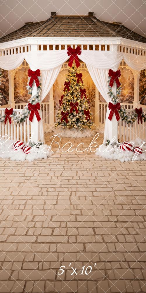 Kate Sweep Christmas Gazebo Tree Red Bows Cobblestone Printed Backdrop Designed by Patty Roberts