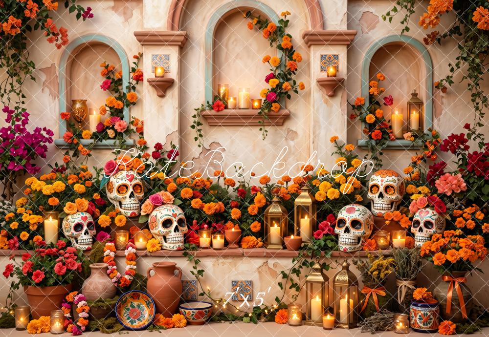 Kate Day Of The Dead Mexican Flowers Skull Altar Printed Backdrop Designed by Patty Roberts