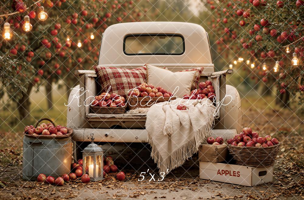 Kate Fall Apple Orchard Vintage White Truck Printed Backdrop Designed by Emetselch