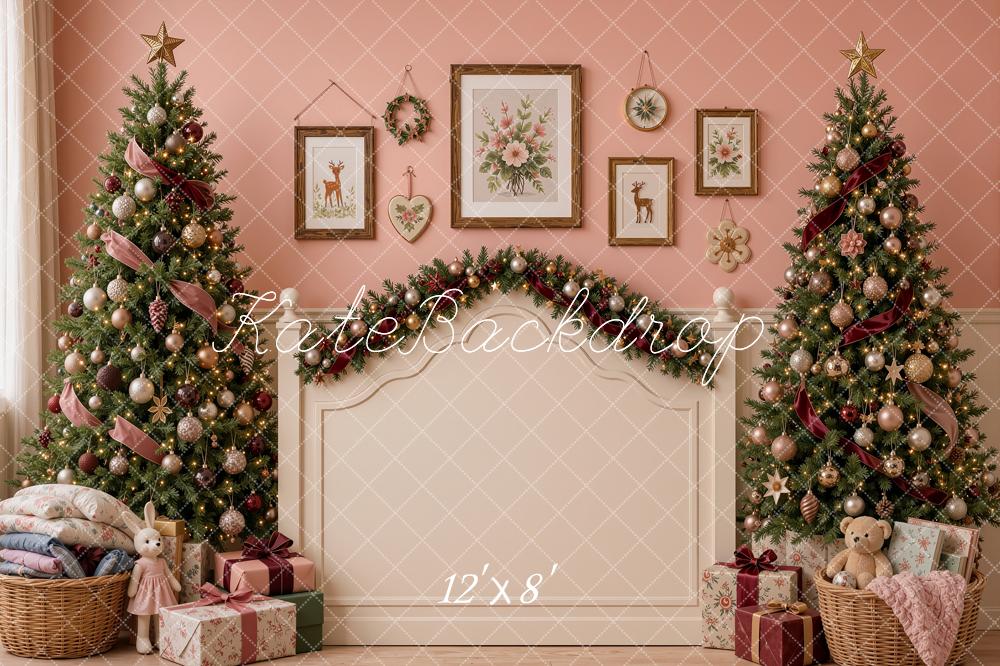 Kate Christmas Headboard Pink Trees Garland Printed Backdrop Designed by Shutter Swan Studios