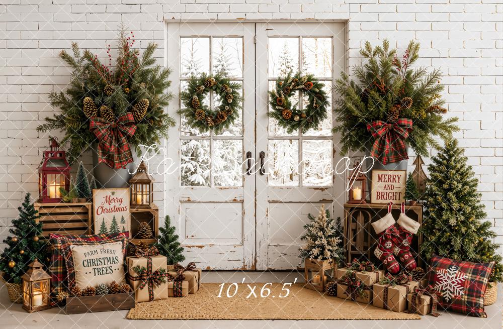 Kate Christmas Door Farmhouse Entryway Wreaths Trees Red Plaid Printed Backdrop Designed by Emetselch