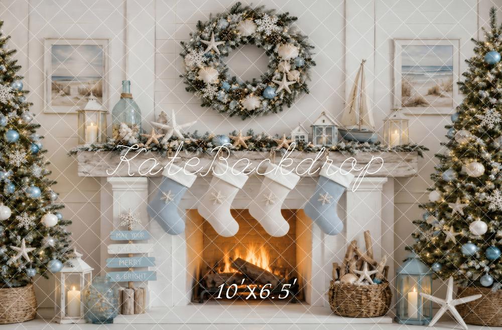 Kate Christmas Coastal Fireplace Stockings Blue Wreath Seashell Printed Backdrop Designed by Vertigo Productions