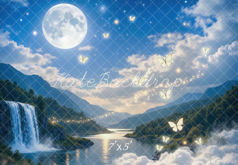 Kate Fairy Fantasy Moonlight Waterfall Butterflies Printed Backdrop Designed by Mini MakeBelieve