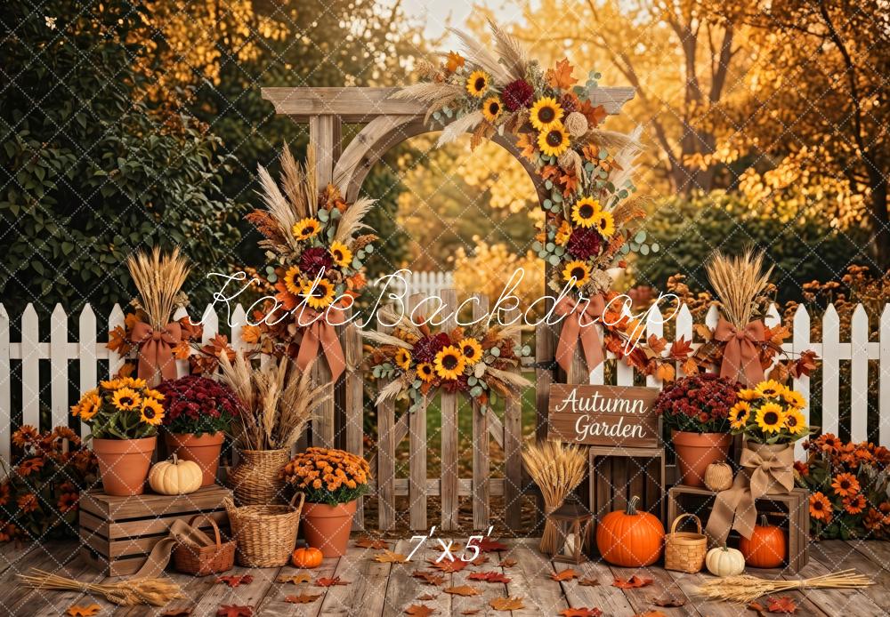 Kate Fall Rustic Flower Arch Sunflowers Pumpkins White Fence Printed Backdrop Designed by Patty Roberts