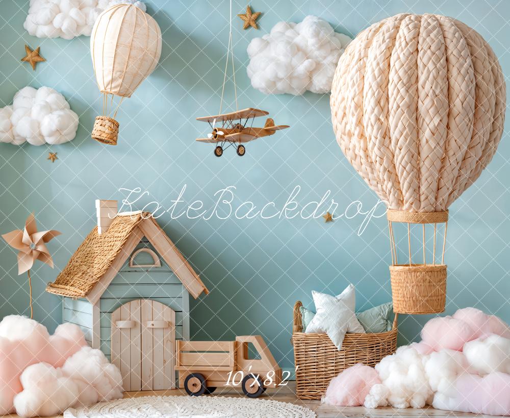 Kate Cake Smash Hot Air Balloon Airplane Cloud House Blue Backdrop Designed by Emetselch