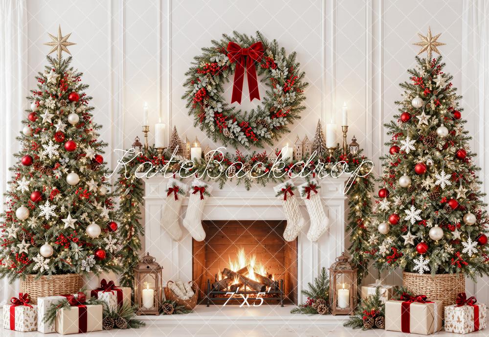 Kate Christmas Fireplace Trees Wreath Stockings White Printed Backdrop Designed by Emetselch