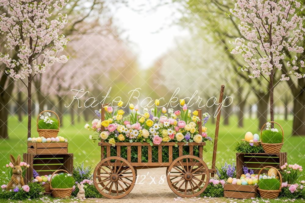 Kate Easter Bunny Flower Cart Blossom Trees Printed Backdrop Designed by Patty Roberts
