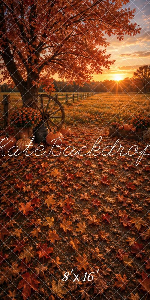 TEST Kate Sweep Fall Tree Maple Leaves Wagon Wheel Pumpkins Sunset Field Printed Backdrop Designed by Vertigo Productions