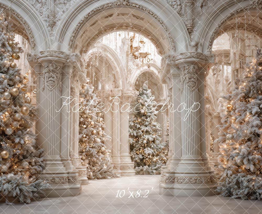 Kate Christmas White Palace Archway Snowy Trees Backdrop Designed by Ashley Paul