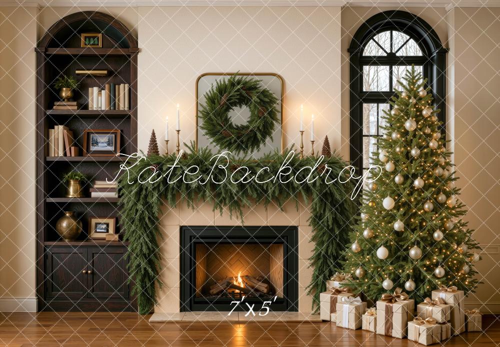 Kate Christmas Tree Bookcase Fireplace Wreath Living Room Printed Backdrop Designed by Mini MakeBelieve