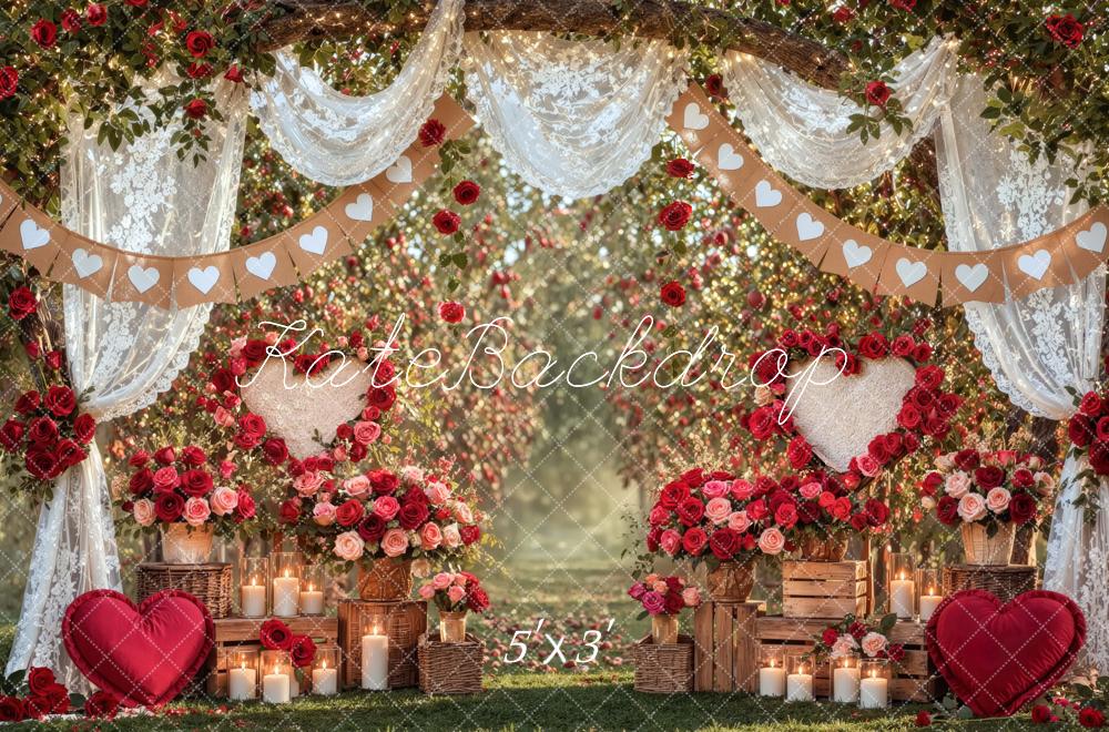 Kate Valentine's Day Rose Garden Hearts Lace Drapes Printed Backdrop Designed by Mini MakeBelieve