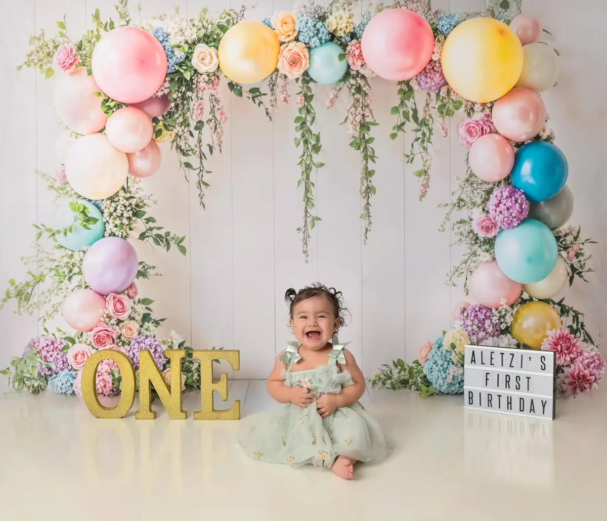 Kate Spring Floral Balloon Arch White Backdrop Designed by Emetselch