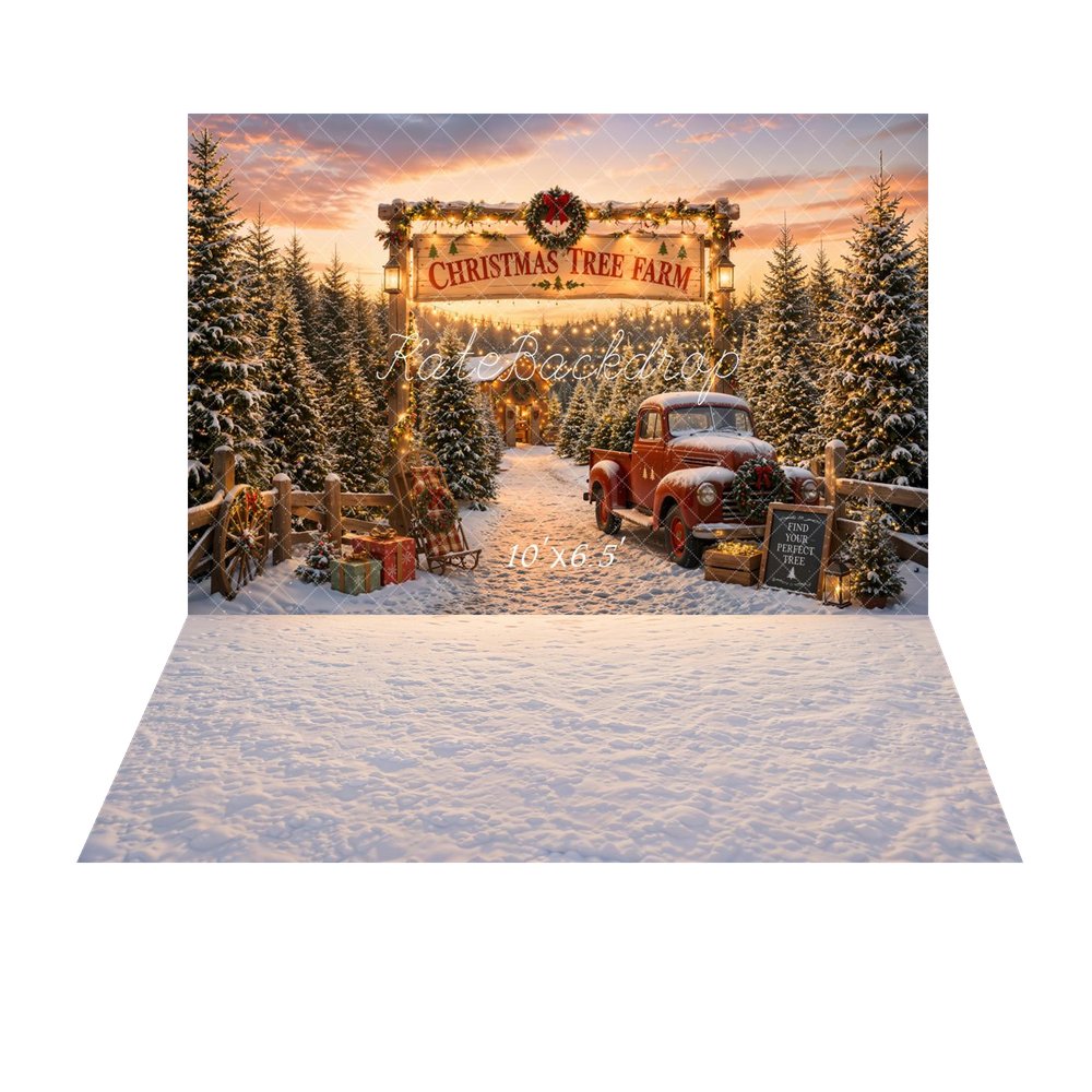 Kate Christmas Tree Farm Red Truck Snow Gifts Printed Backdrop+Snow Texture Floor Printed Backdrop