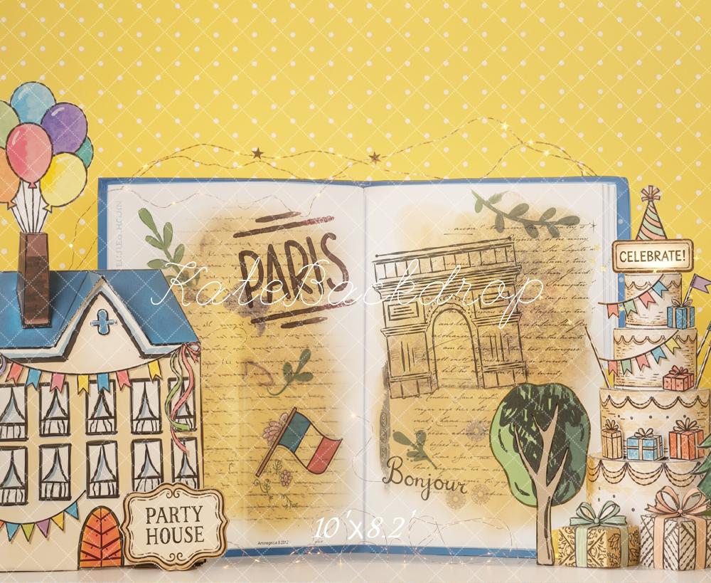 Kate Paris Party House Open Book Balloons Cake Printed Backdrop Designed by Emetselch