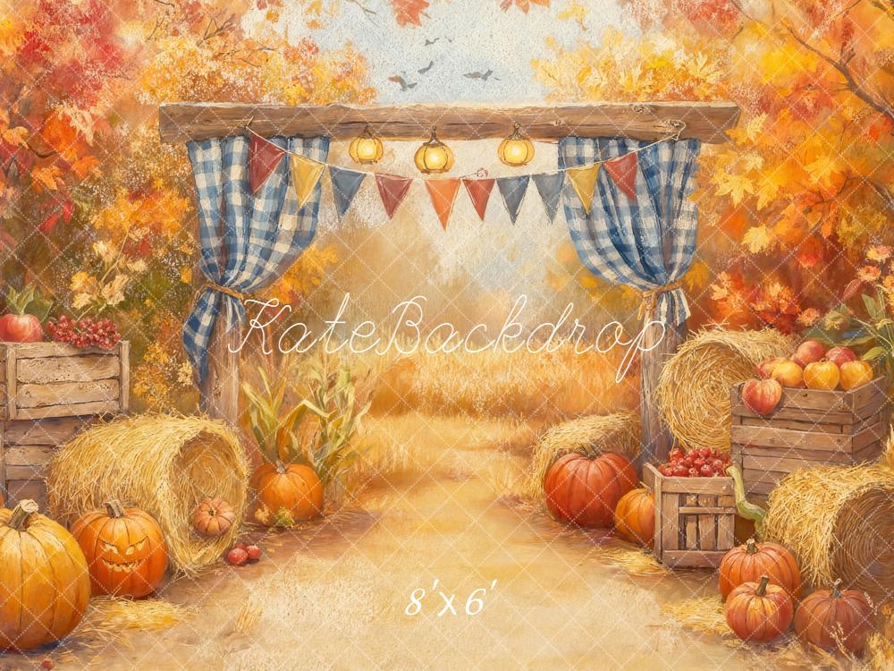 Kate Fall Forest Pumpkins Hay Bales Rustic Arch Leaves Backdrop Designed by GQ