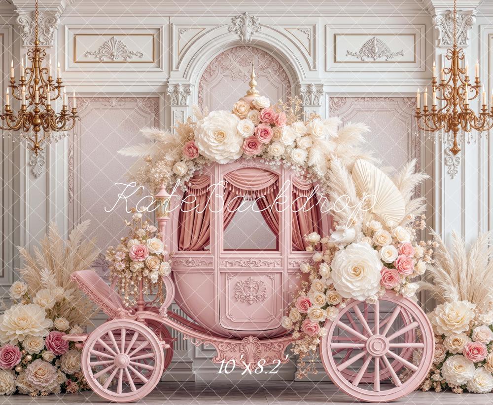Kate Fairytale Pink Carriage Flower Arch Chandelier Palace Printed Backdrop Designed by Mini MakeBelieve