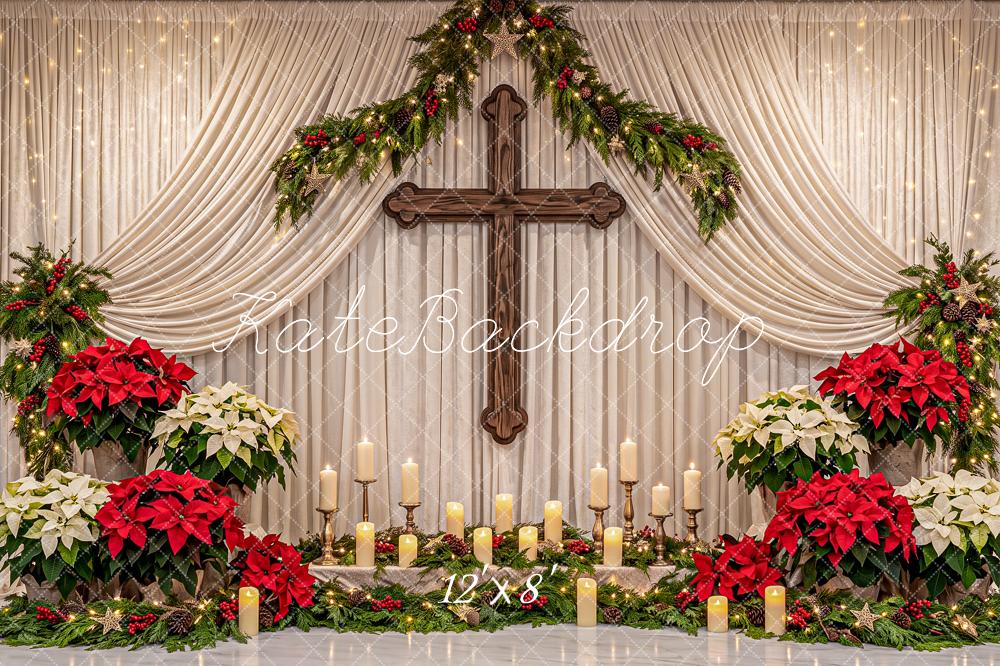 Kate Christmas Church Cross Altar Poinsettia Garland Printed Backdrop Designed by Angela Miller