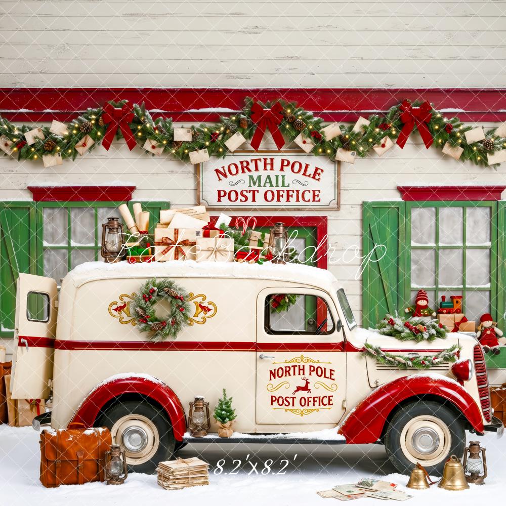 Kate Christmas North Pole Post Office White Truck Gifts Green Red Printed Backdrop Designed by Patty Roberts