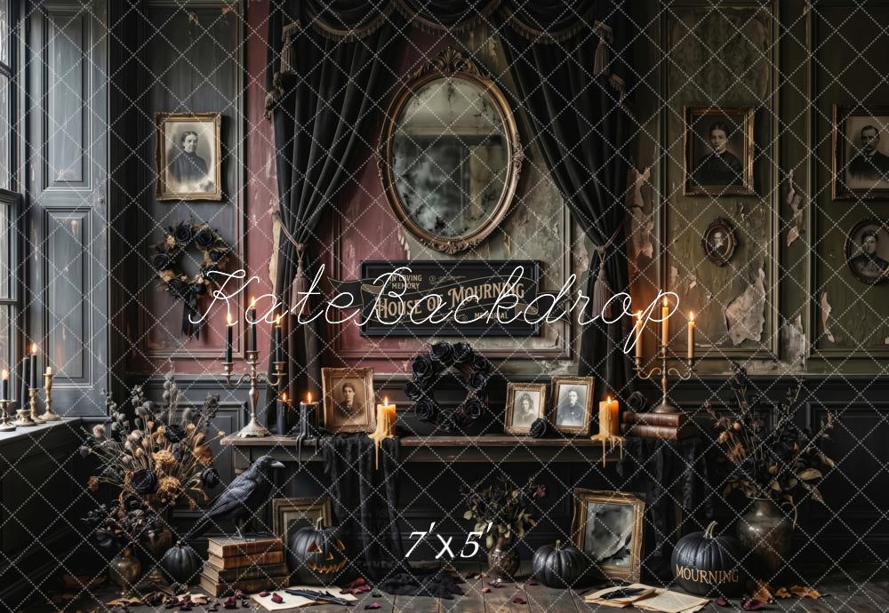 Kate Halloween Gothic House of Mourning Fireplace Printed Backdrop Designed by Patty Roberts