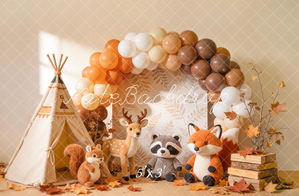 Kate Cake Smash Fall Woodland Balloon Arch Teepee Animals Printed Backdrop Designed by Emetselch