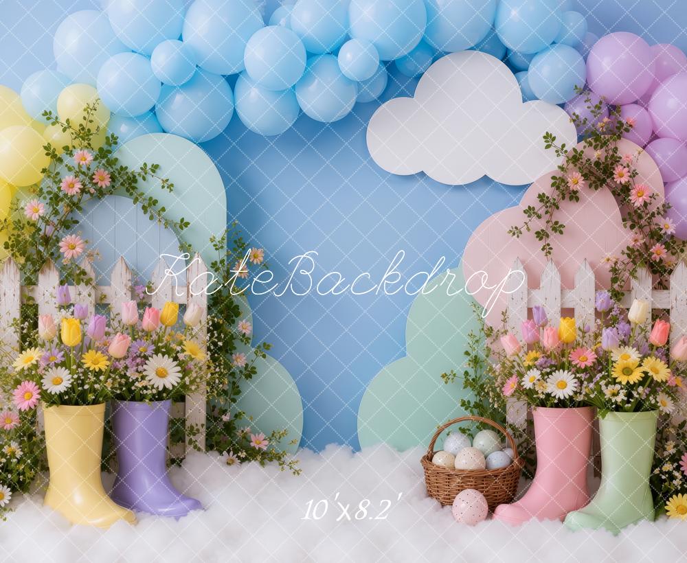 Kate Easter Rain Boots Floral Balloon Arch Picket Fence Printed Backdrop Designed by Ashley Ward