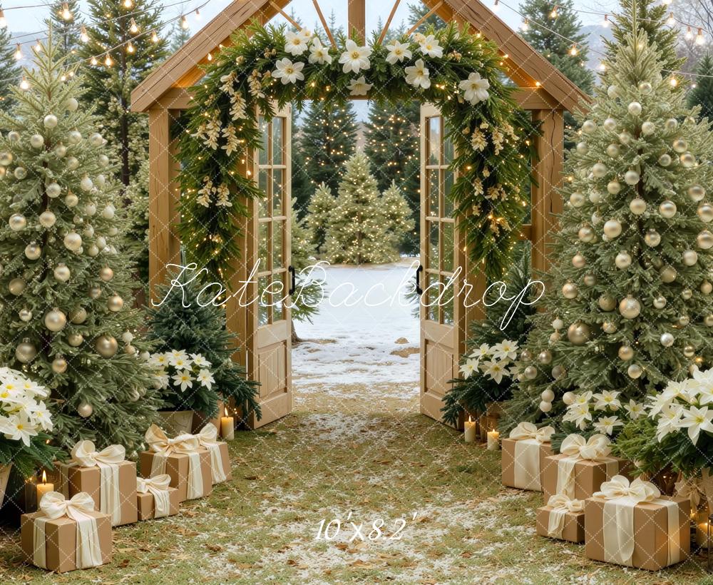Kate Christmas Rustic Wood Arch Christmas Tree Presents Poinsettia Printed Backdrop Designed by Mini MakeBelieve