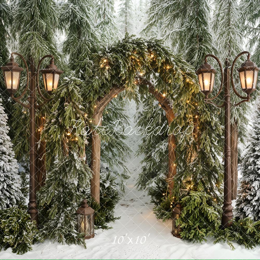 Kate Winter Lantern Arch Snowy Pine Trees Backdrop Designed by Emetselch