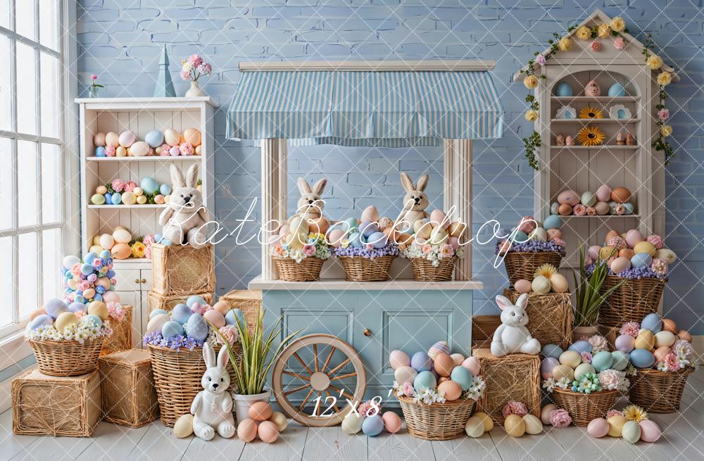 Kate Easter Bunny Pastel Eggs Blue Market Stand Backdrop Designed by Emetselch