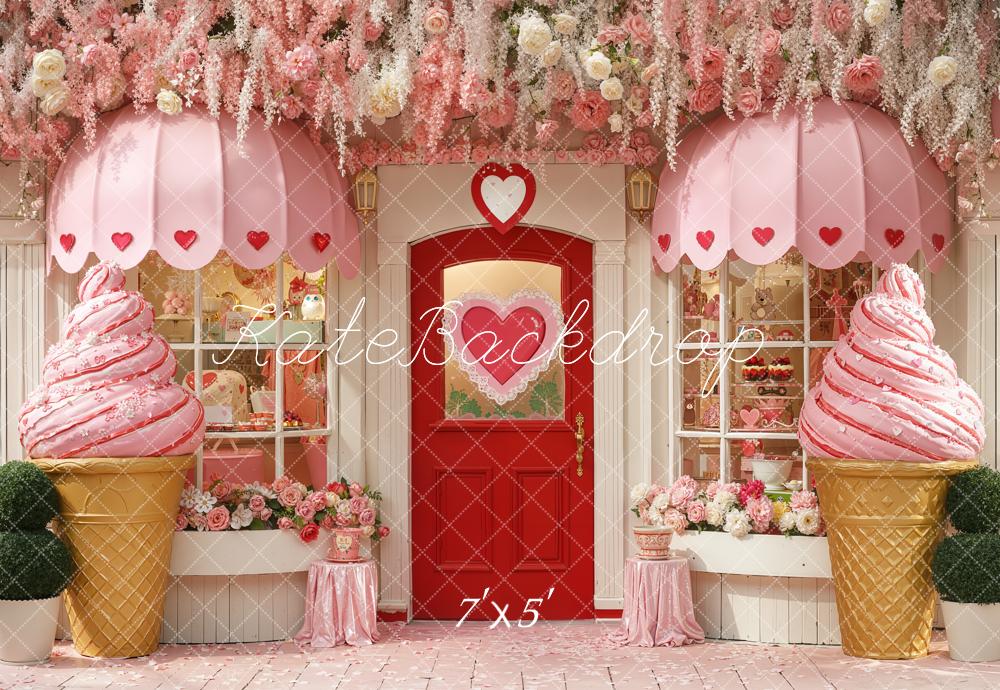 Kate Valentine's Day Pink Ice Cream Parlor Heart Door Flower Garland Backdrop Designed by Chain Photography