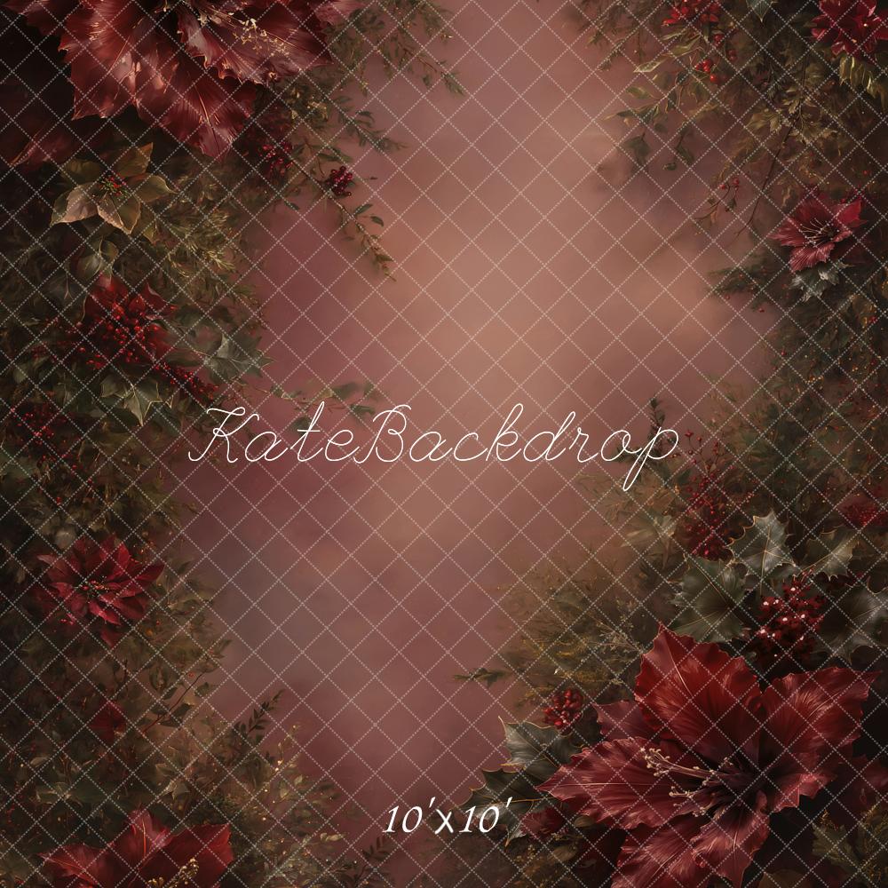 Kate Christmas Fine Art Burgundy Poinsettia Floral Printed Backdrop Designed by GQ