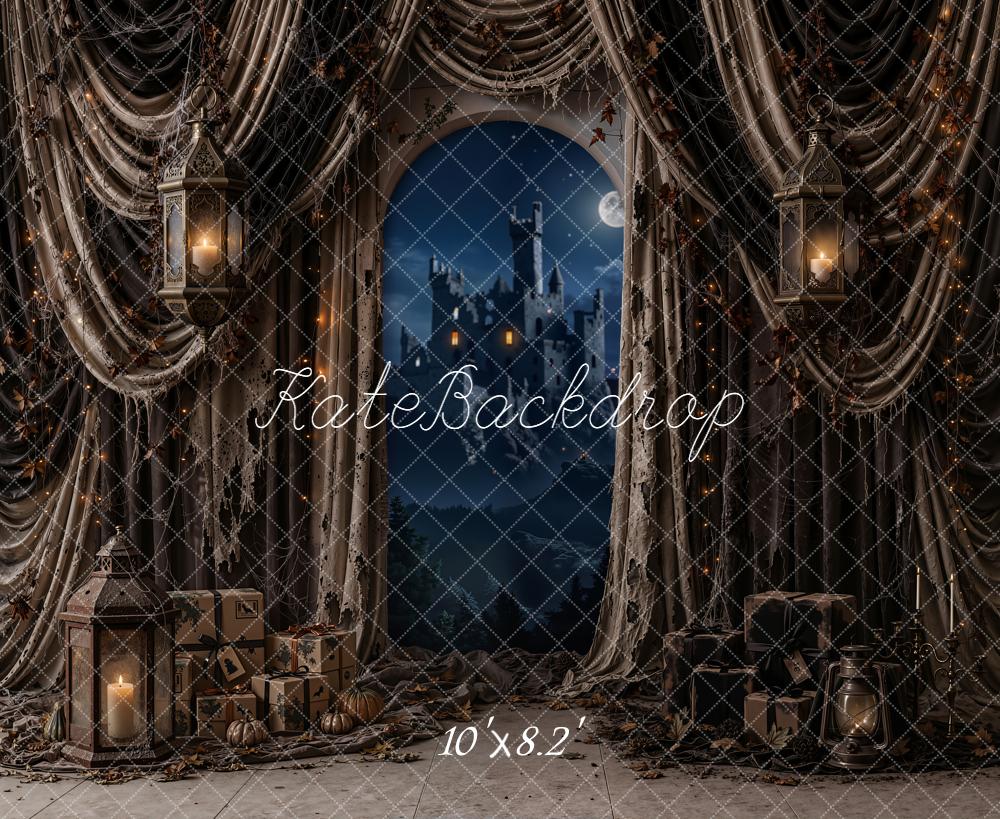 Kate Halloween Spooky Castle Moon Lanterns Shabby Draped Curtains Printed Backdrop Designed by Emetselch