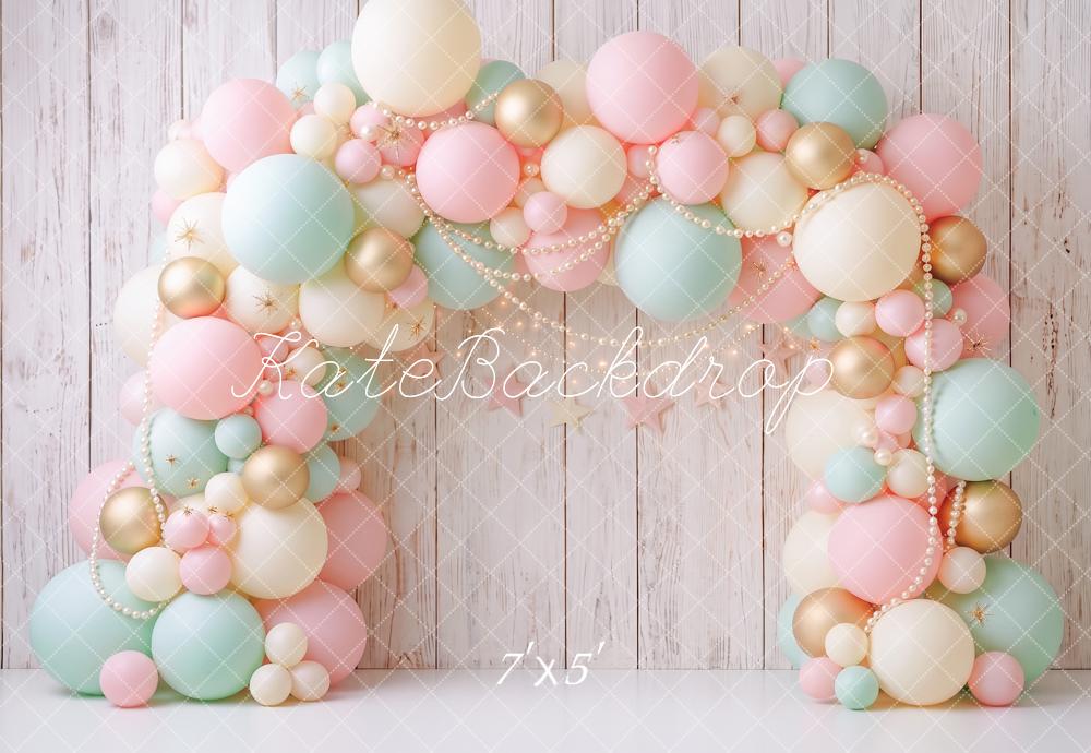Kate Cake Smash Pastel Balloon Arch Pearl Wood Printed Backdrop Designed by Angela Miller