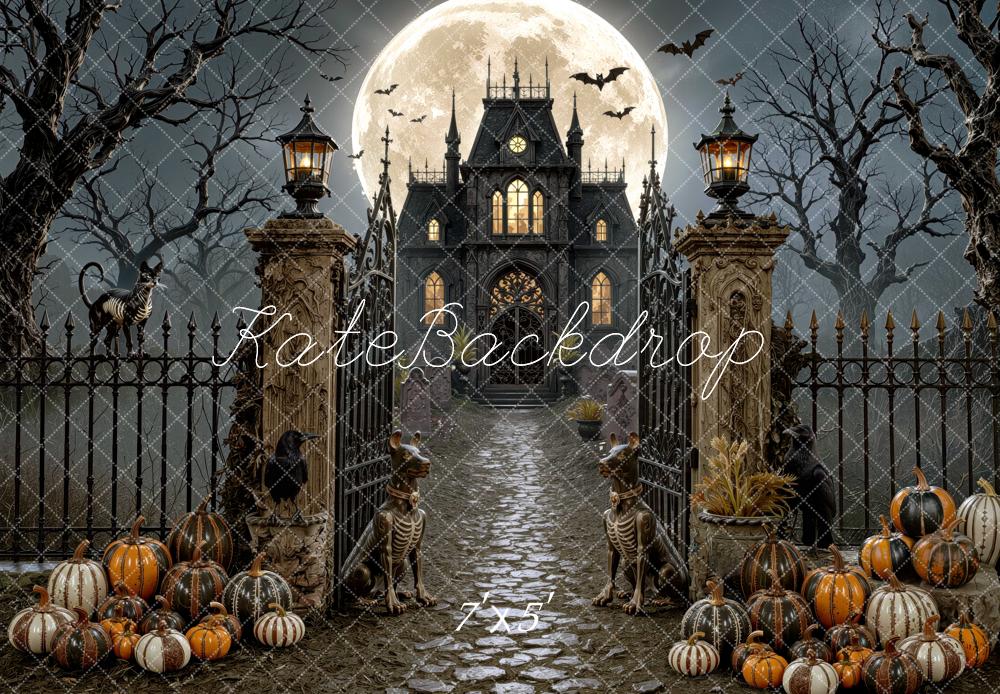 Kate Halloween Night Haunted Mansion Moon Pathway Pumpkins Printed Backdrop Designed by Mini MakeBelieve