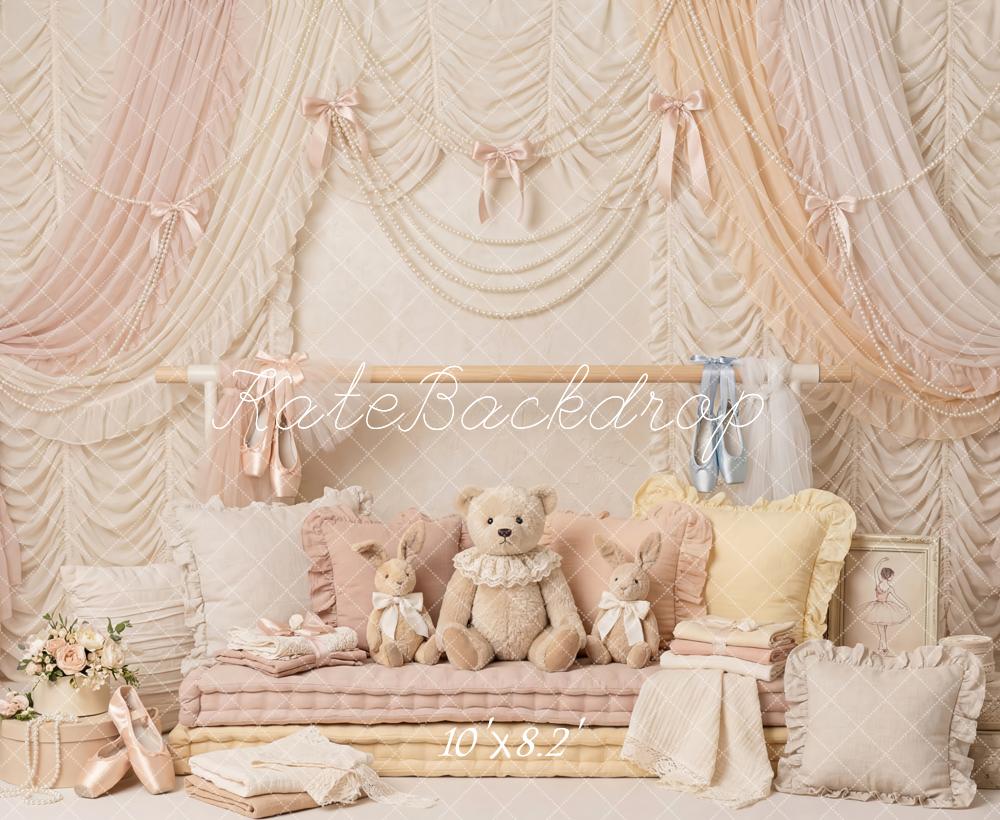 Kate Dreamy Ballet Pastel Drapes Teddy Bear Plush Pillows Printed Backdrop Designed by Patty Roberts