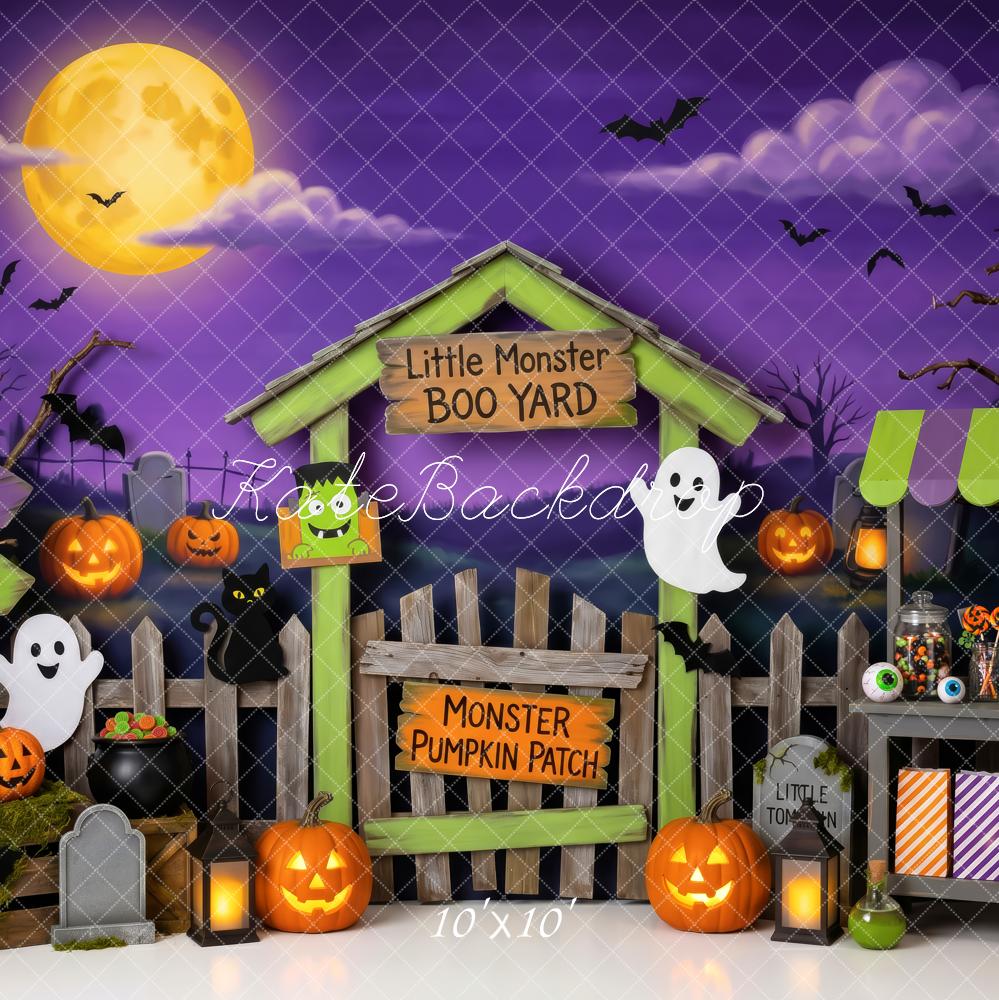 Kate Halloween Monster Pumpkin Patch Fence Kids Printed Backdrop Designed by Patty Roberts