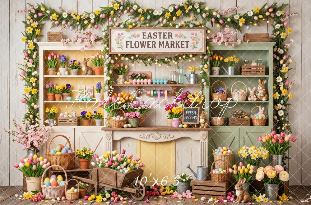Kate Easter Flower Market Tulips Wood Shelf Eggs Printed Backdrop Designed by Patty Roberts
